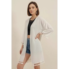 Klins Kids Kadın V Yaka Fırfırlı Püsküllü Kenar Beyaz Kimono