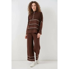 Klins Kids Kadın Yarım Balıkçı Yaka Oversize Çizgili Triko Kahverengi Ikili Takım