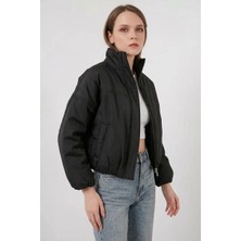 Klins Kids Kadın Dik Yaka Belden Büzgülü Oversize Bomber Siyah Mont