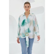 Klins Kids Kadın Kuşaklı Dökümlü Oversize Desenli Saten Yeşil Ekru Gömlek