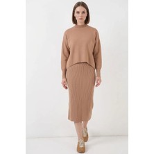 Klins Kids Kadın Balıkçı Yaka Dikey Fitilli Etek Triko Camel Elbise
