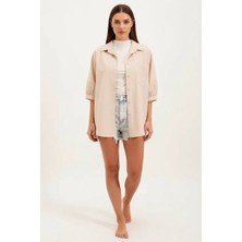 Klins Kids Kadın Kısa Kol Basic Oversize Pamuklu Krem Gömlek