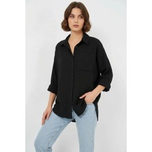 Klins Kids Kadın Oversize Tek Cepli Viskon Siyah Gömlek