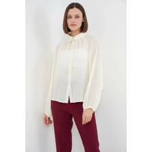 Klins Kids Kadın Yarasa Kol Oversize Çizgili Viskon Ekru Gömlek