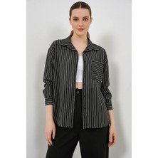 Klins Kids Kadın Oversize Tek Cepli Çizgili Viskon Siyah Gömlek