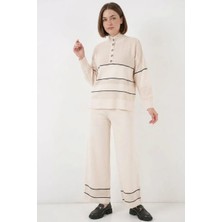 Klins Kids Kadın Yüksek Bel Geniş Paça Oversize Çizgili Triko Ekru Takım