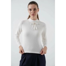 Klins Kids Kadın Yüksek Yaka Kurdele Detaylı Inci Beyaz Bluz