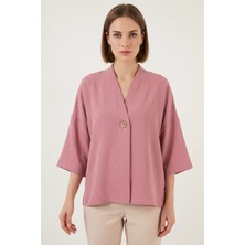 Klins Kids Kadın V Yaka Kısa Kol Oversize Gül Kurusu Kimono