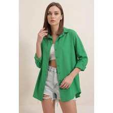 Klins Kids Kadın Oversize Kesim Basic Pamuklu Yeşil Gömlek