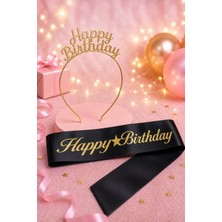 Gold Center Happy Birthday Yazılı Metal Taç ve Kuşak & Siyah Altın Kuşak Altın Taç