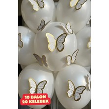Baloncu Dede 10 Adet Parlak Inci Beyazı Balon 20 Beyaz Yapışkanlı Kelebek Doğum Günü Balonları Kelebekli Balon