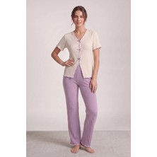 Bella Notte Lila Mevsimlik V Yaka Pamuklu Fiyonk Detaylı Pijama Takımı
