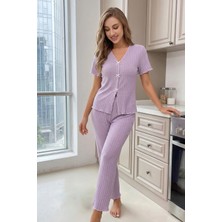 Bella Notte Lila Kısa Kollu V Yaka Pamuklu Fiyonklu Pijama Takımı