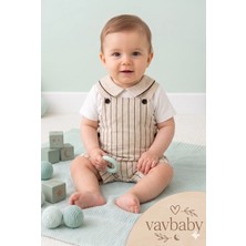 Vavbaby Erkek Bebek Çizgili Keten Bebek Salopet Tulum ve Bebek Yaka Tişört Ikili Takım