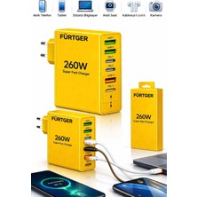 Fürtger German 260W 3 Type-C + 3 Usb-A Toplam 6 Çıkışlı Süper Hızlı Şarj Aleti