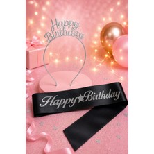 Gold Center Happy Birthday Yazılı Metal Taç ve Kuşak & Siyah Gümüş Kuşak Gümüş Taç