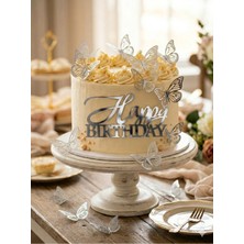 Gold Center Happy Birthday Imza Pasta Yazısı ve Kelebek Pasta Süsü