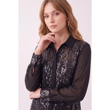 Bihan Store Payet Işlemeli Şifon Uzun Gömlek  64935-SIYAH