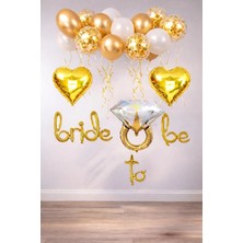 Gold Center Bride To Be El Yazısı, Tek Taş Yüzük ve Kalp Folyo Balonlu Gold Bride To Be Set