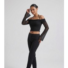 Blouse Boyundan Bağlamalı Tül Detaylı Flare Kol Crop