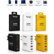 Fürtger 3 Lü Eko Set German 260W 3 Type-C + 3 Usb-A Toplam 6 Çıkışlı Süper Hızlı Şarj Aleti Siyah + Beyaz + Sarı