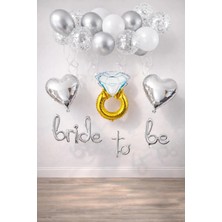 Gold Center Bride To Be El Yazısı, Tek Taş Yüzük ve Kalp Folyo Balonlu Gümüş Set