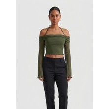 Blouse Boyundan Bağlamalı Tül Detaylı Flare Kol Crop