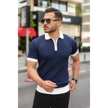 Alyn Wear Erkek Yaka ve Kol Detaylı Fermuar Yakalı Çizgi Desen Kısa Kollu Triko Tişört