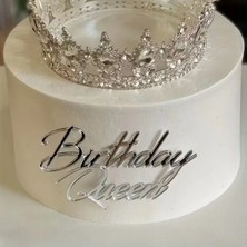 Women's Heart Birthday Queen Gümüş Renk Pasta Önü Yazısı