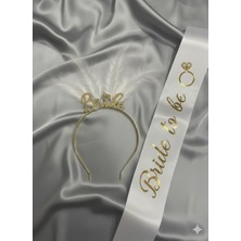 Gold Center Bride Taç Kuşak Seti Tüylü | Gold