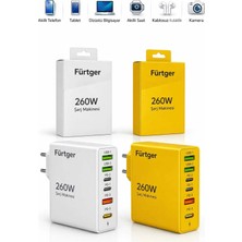 Fürtger 2 Li Set German 260W 3 Type-C + 3 Usb-A Toplam 6 Çıkışlı Süper Hızlı Şarj Aleti Beyaz + Sarı