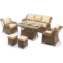Hier Zen Rattan Puflu Bahçe Balkon Mobilyası 3+1+1 Kahverengi 7 Kişilik Premium Bahçe Takımı Balkon Mobilyası