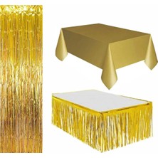 Zenviva 3 Parça Gold Masa Örtüsü, Gold Masa Eteği, Gold Arka Fon