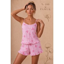 Bella Notte Pembe %100 Pamuklu Çizgili Fiyonk Detaylı Askılı Şortlu Pijama Takımı