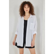 Klins Kids Kadın Tek Cepli Oversize Viskon Beyaz Gömlek