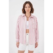 Klins Kids Kadın Oversize Çizgili Pamuklu Kırmızı Gömlek