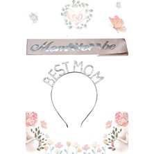 Larenya Mom To Be Kuşak ve Best Mom Metal Taç & Baby Shower Set & Pembe Gümüş Kuşak Gümüş Taç