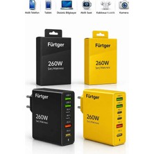 Fürtger 2 Li Set German 260W 3 Type-C + 3 Usb-A Toplam 6 Çıkışlı Süper Hızlı Şarj Aleti Siyah + Sarı