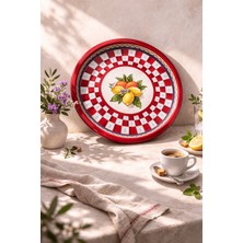 Empressco 34 cm Lemon Tasarımlı Yuvarlak Metal Tepsi, Kırmızı, Şık ve Kullanışlı