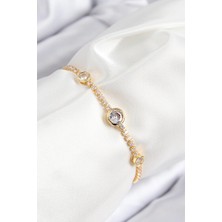 Kentex Mey Ithalat® Pirinç Zirkon Taşlı Daire Model Gold Renk Asansörlü Kadın Bileklik