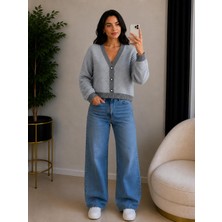 SFG Life Moda Kadın V Yaka Düğmeli Şeritli Kısa Crop Ceket-Hırka