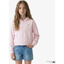 Tommy Hilfiger Puff Print Çocuk Fermuarlı Pembe Hoodie