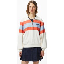 Calvin Klein Rugby Jersey Zip Stripe Kadın Beyaz Sweatshirt