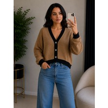 SFG Life Moda Kadın V Yaka Düğmeli Şeritli Kısa Crop Ceket-Hırka