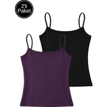 Rich Kadın 2'li Paket Siyah-Mor Pamuklu Askılı Crop Atlet