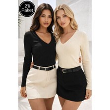 Rich Kadın Siyah Bej 2'li Paket V Yaka  Pamuklu Uzun Kollu Bluz Dar Kalıp
