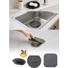 Omilife 3'lü Siyah Silikon Gider Kapağı Sabunluk, Su Sızdırmaz Evye ve Kare Seti Banyo Mutfak Koku Önleyici