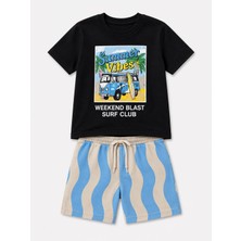 Yiğit Butik Erkek Çocuk Summer Vibes Baskılı Siyah Tişörtlü Yazlık Şort Takımı