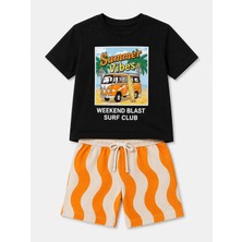 Yiğit Butik Erkek Çocuk Summer Vibes Baskılı Siyah Tişörtlü Yazlık Şort Takımı