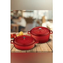 Empressco 24CM ve 28CM Yuvarlak Demir Döküm Tencere Seti, Kırmızı, 2'li